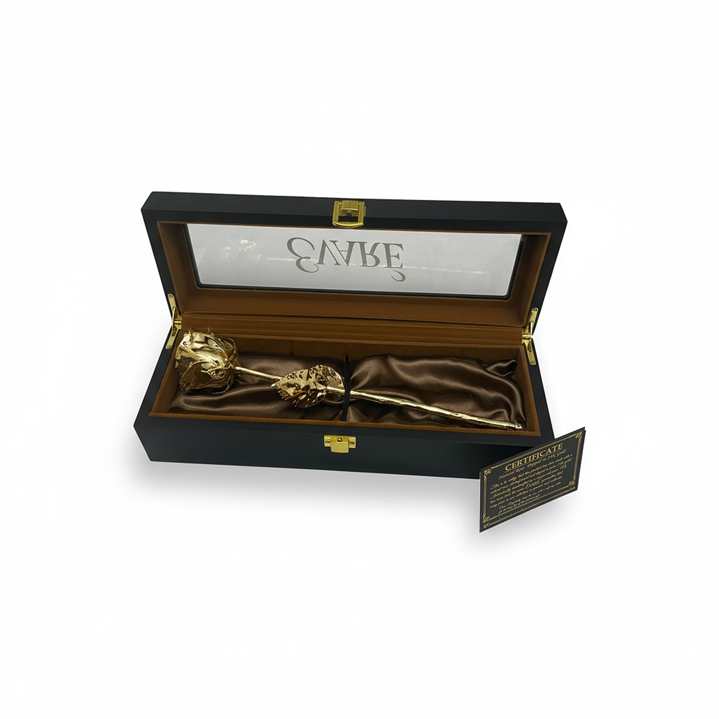 24K Gold Dipped Natural Rose 11.5" - Black Wooden Box