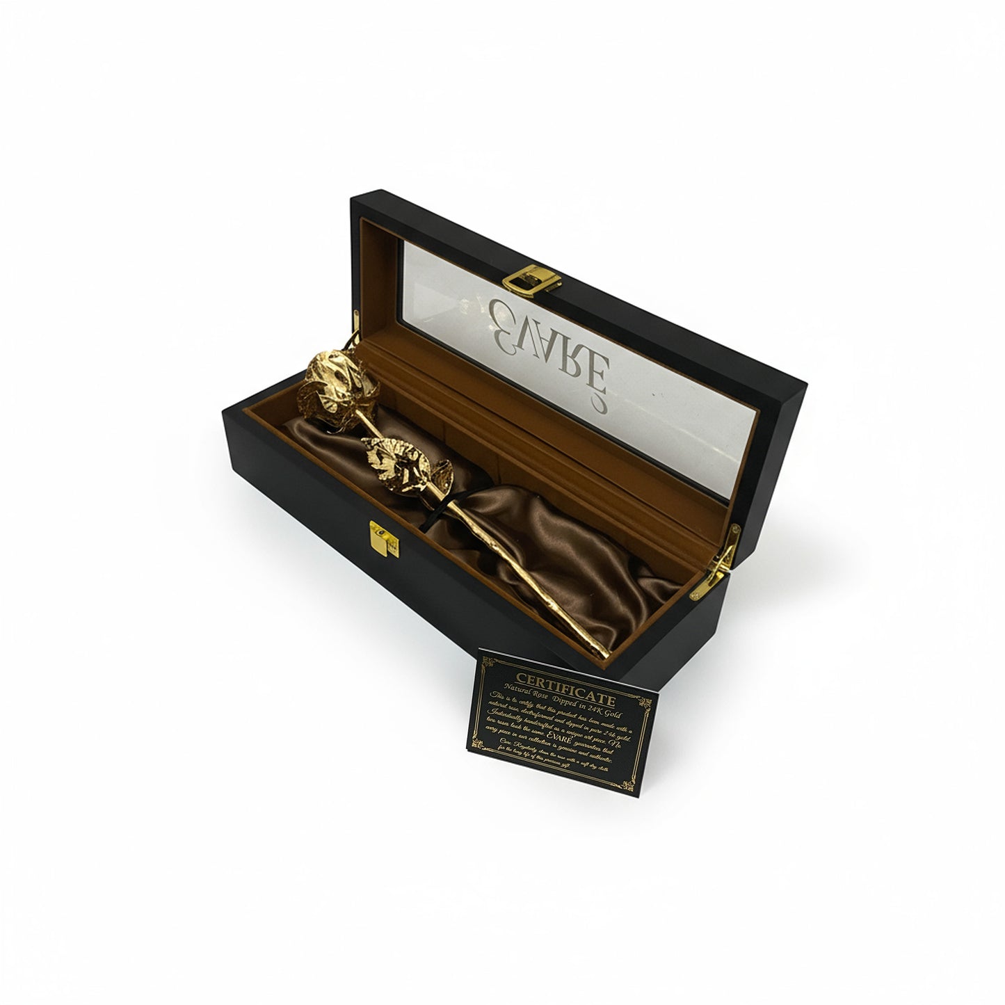 24K Gold Dipped Natural Rose 11.5" - Black Wooden Box