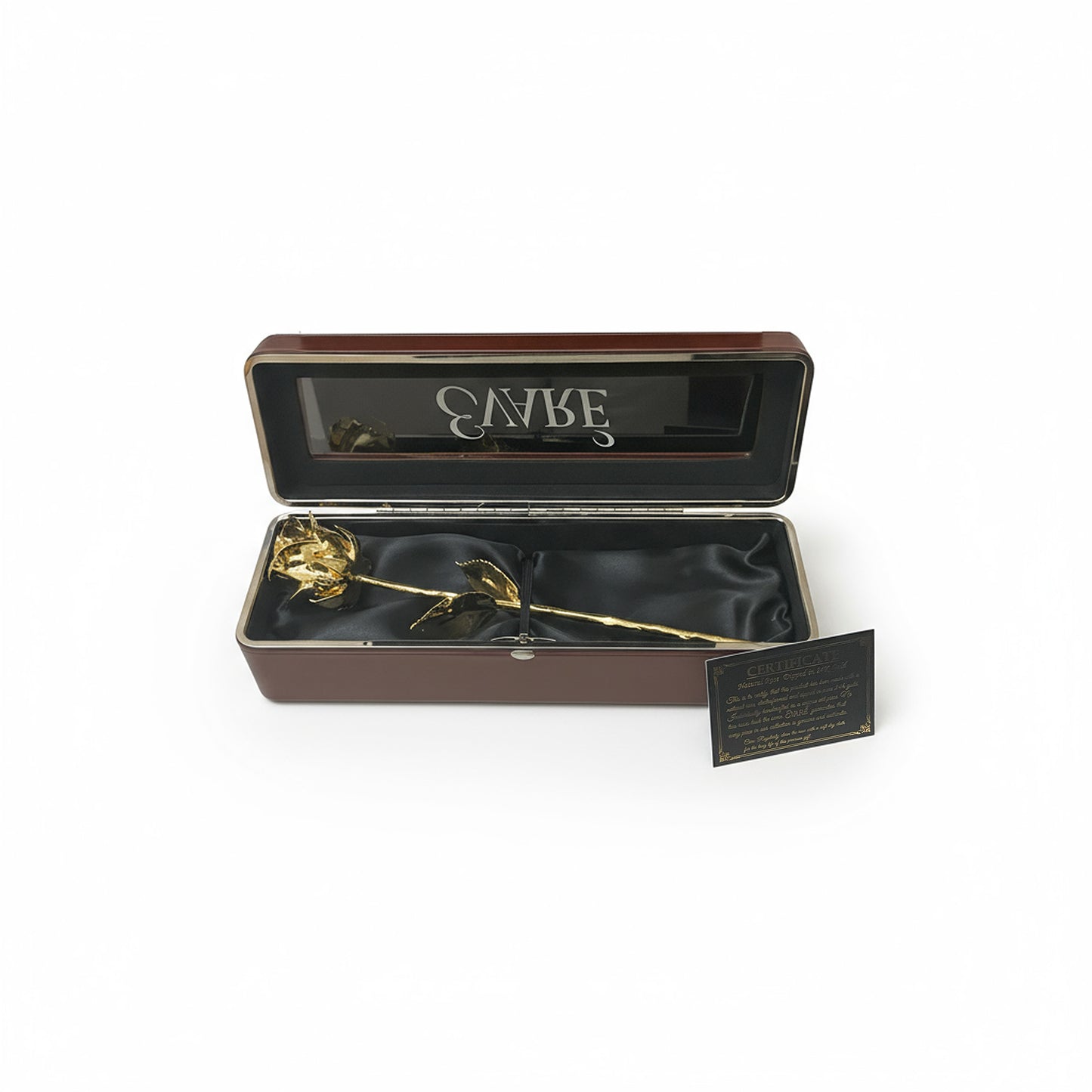 24K Gold Dipped Natural Rose 11.5" - Brown Leather Box