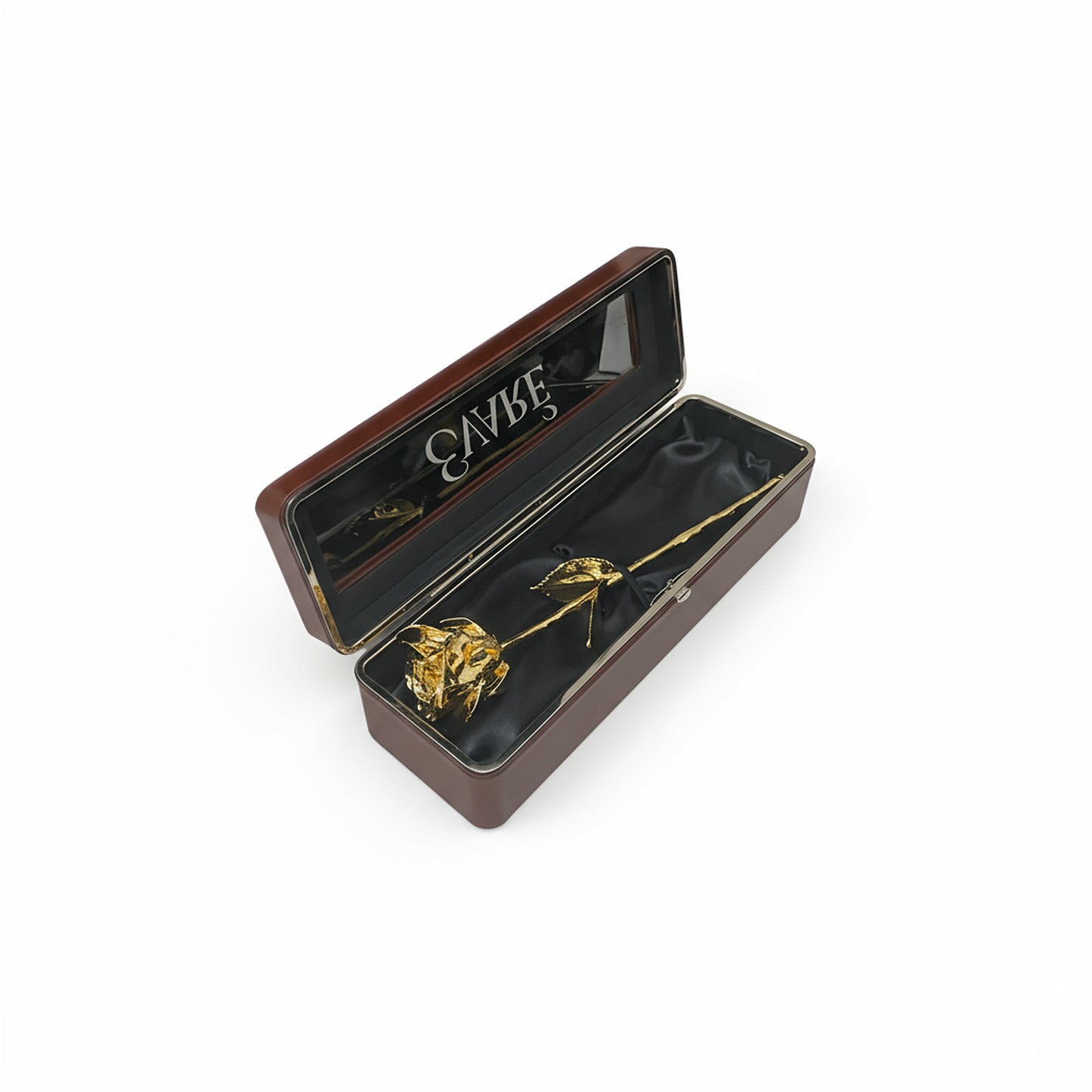 24K Gold Dipped Natural Rose 11.5" - Brown Leather Box