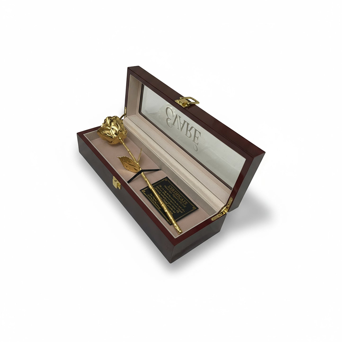 24K Gold Dipped Natural Rose 11.5" - Mahogony Box